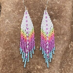 White with Sunset Colors Beaded Earrings with Fringe, New, Handmade by Me